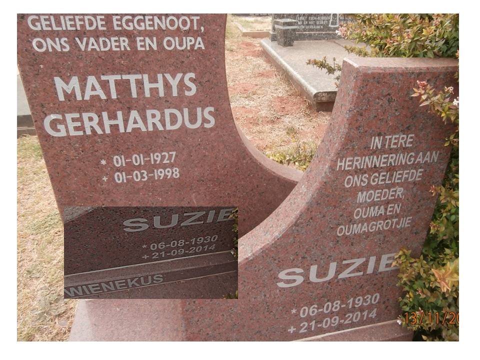 WIENEKUS Matthys Gerhardus 1927-1998 &amp; Suzie 1930-2014