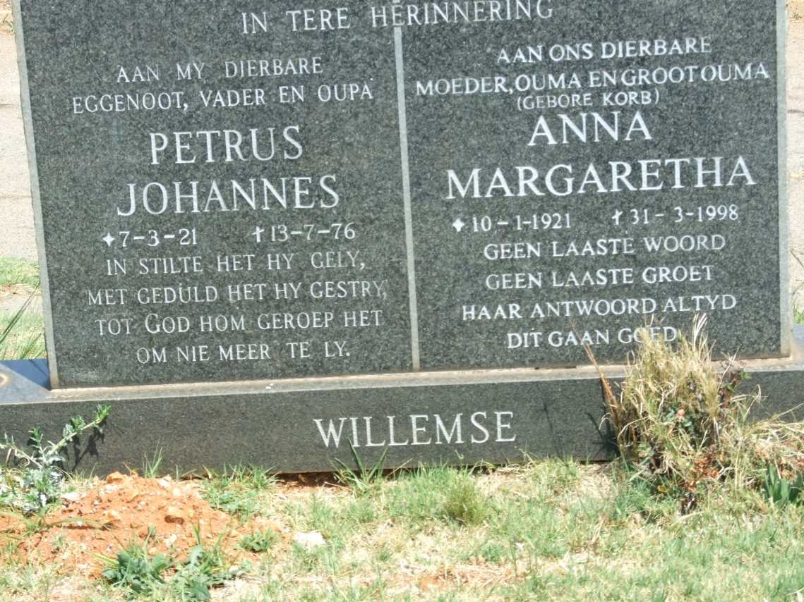 WILLEMSE Petrus Johannes 1921-1976 &amp; Anna Margaretha KORB 1921-1998