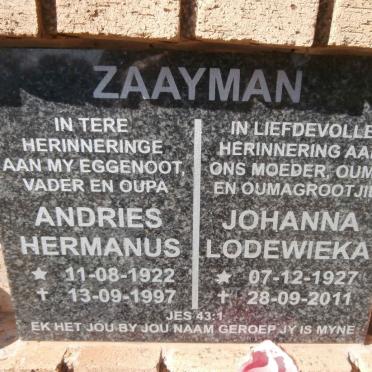 ZAAYMAN Andries Hermanus 1922-1997 &amp; Johanna Lodewieka 1927-2011