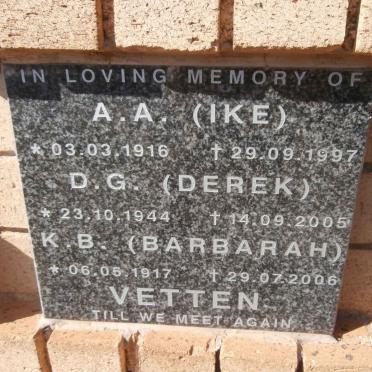 VETTEN A.A. 1916-1997 &amp; K.B. 1917-2006 :: VETTEN D.G. 1944-2005