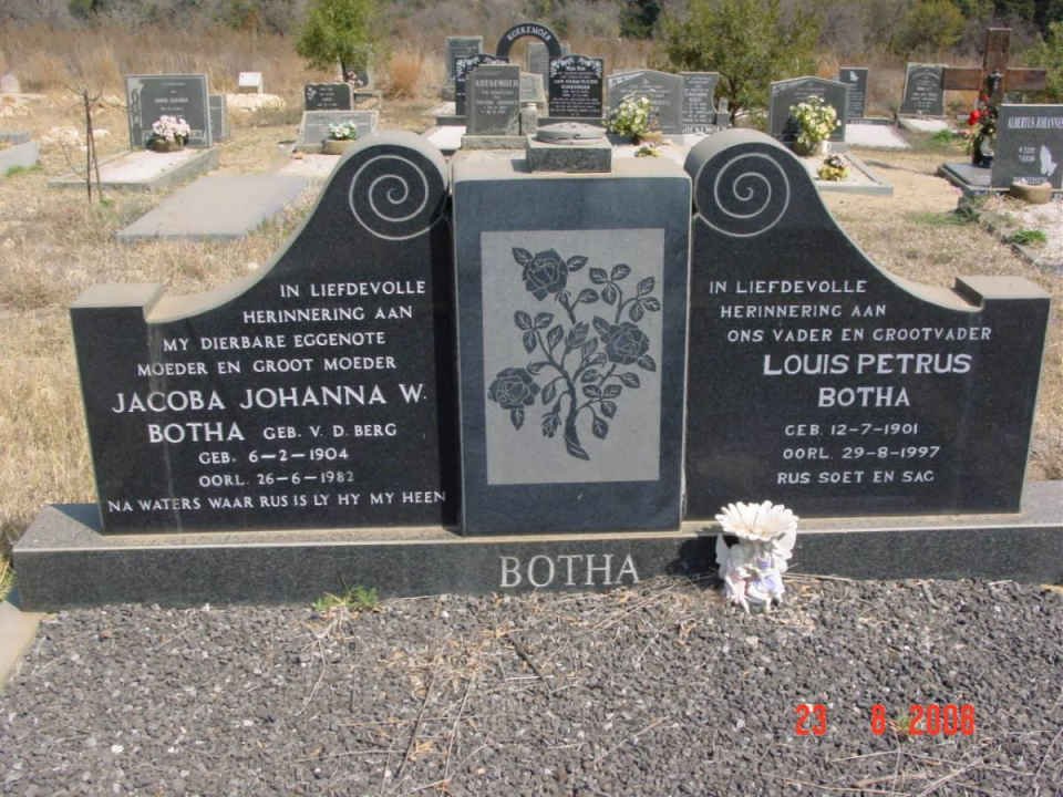 BOTHA Louis Petrus 1901-1997 &amp; Jacoba Johanna W. VAN DEN BERG 1904-1982