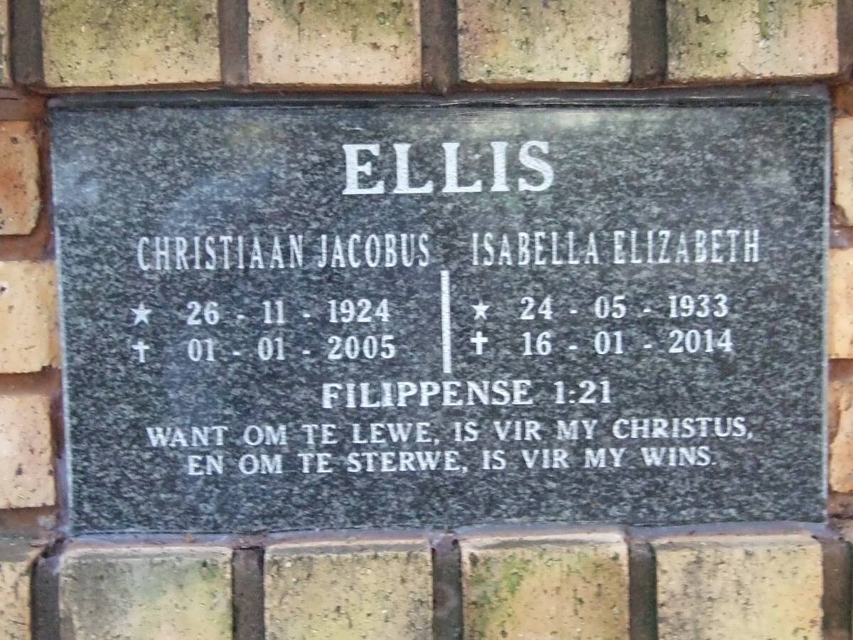 ELLIS Christiaan Jacobus 1924-2005 &amp; Isabella Elizabeth 1933-2014