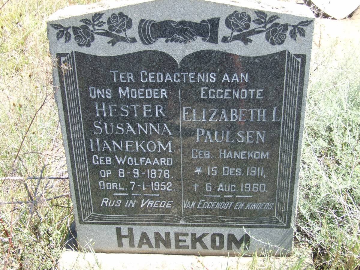 HANEKOM Hester Susanna nee WOLFAARD 1876-1952 :: PAULSEN Elizabeth L. nee HANEKOM 1911-1960
