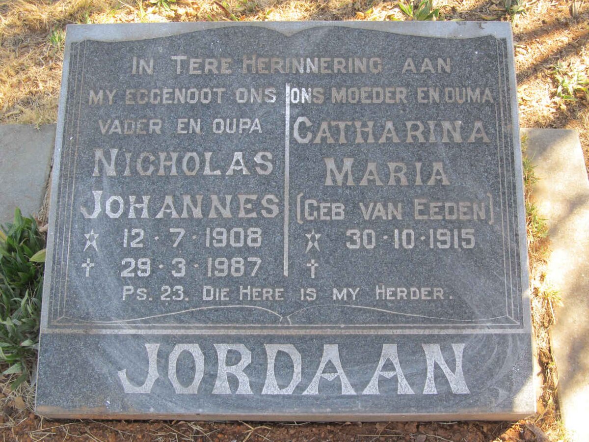 JORDAAN Nicholas Johannes 1908-1987 &amp; Catharina Maria VAN EEDEN 1915-