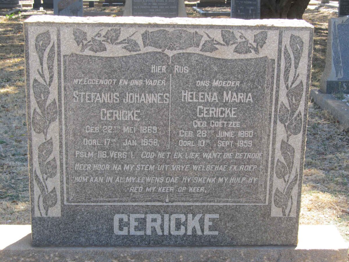 GERICKE Stefanus Johannes 1869-1956 &amp; Helena Maria COETZEE 1880-1959