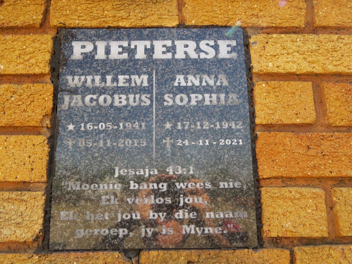 PIETERSE Willem Jacobus 1941-2015 &amp; Anna Sophia 1942-2021