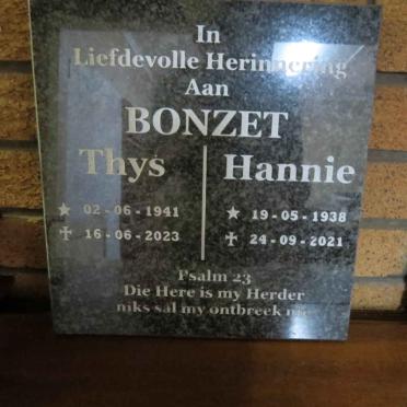 BONZET Thys 1941-2023 &amp; Hannie 1938-2021