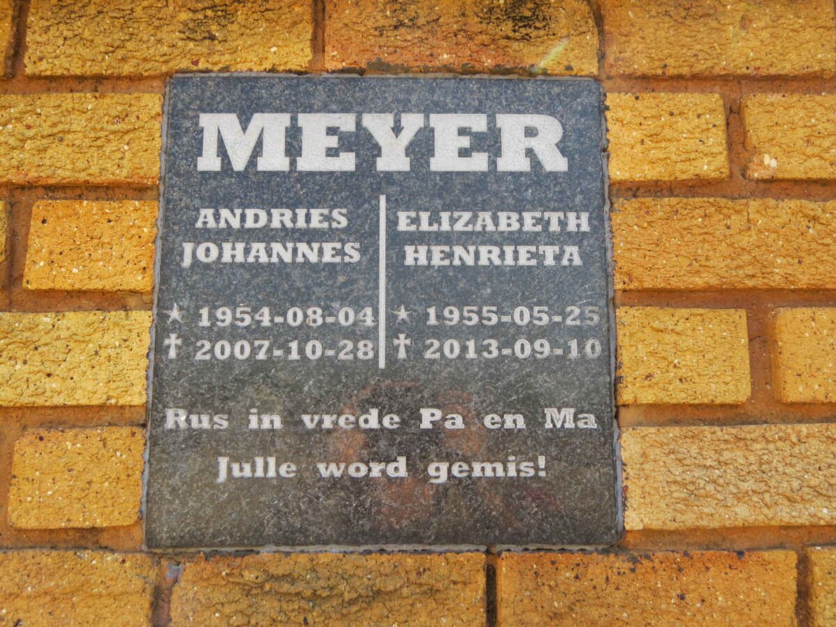 MEYER Andries Johannes 1954-2007 &amp; Elizabeth Henrieta 1955-2013