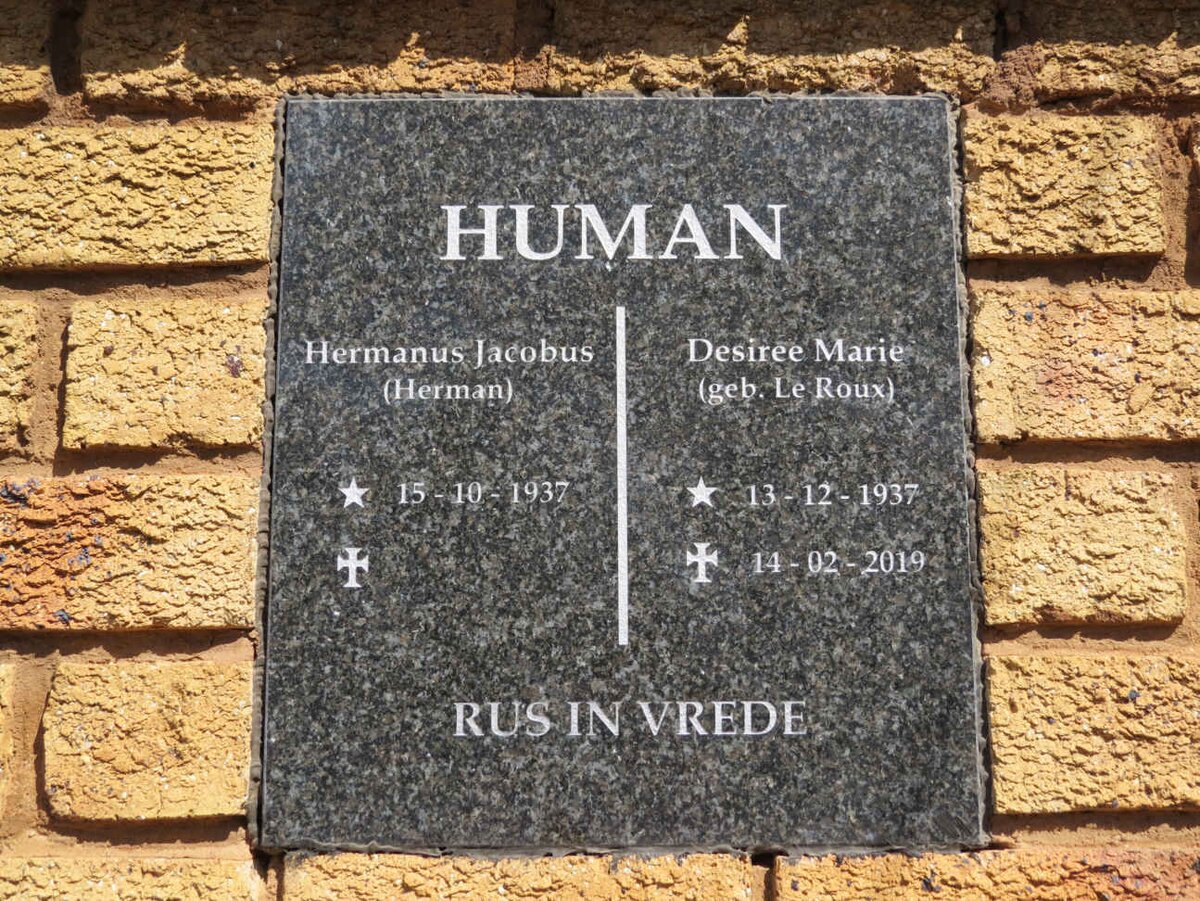 HUMAN Hermanus Jacobus 1937- &amp; Desiree Marie LE ROUX 1937-2019
