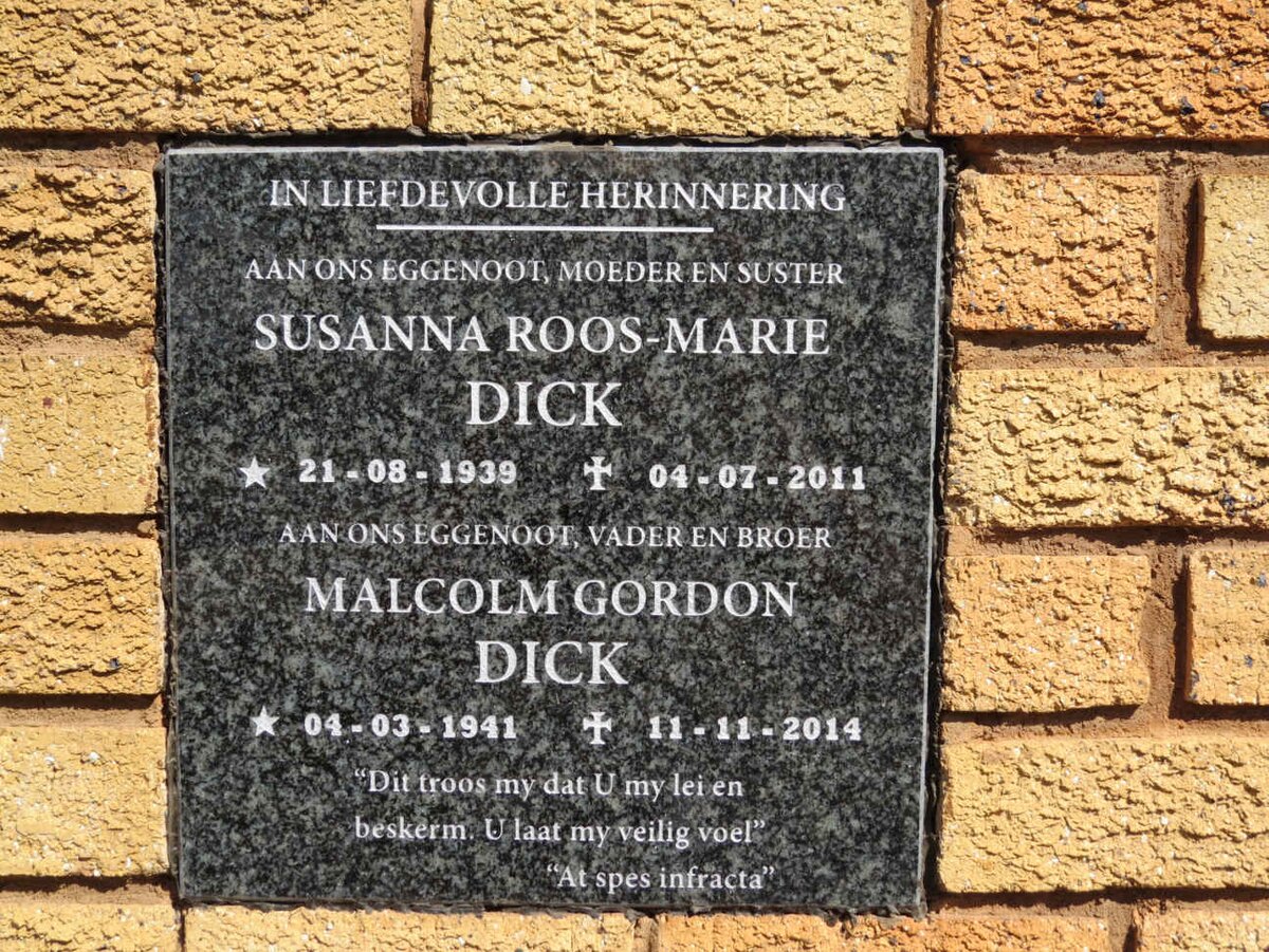 DICK Malcolm Gordon 1941-2014 &amp; Susanna Roos-Marie 1939-2011