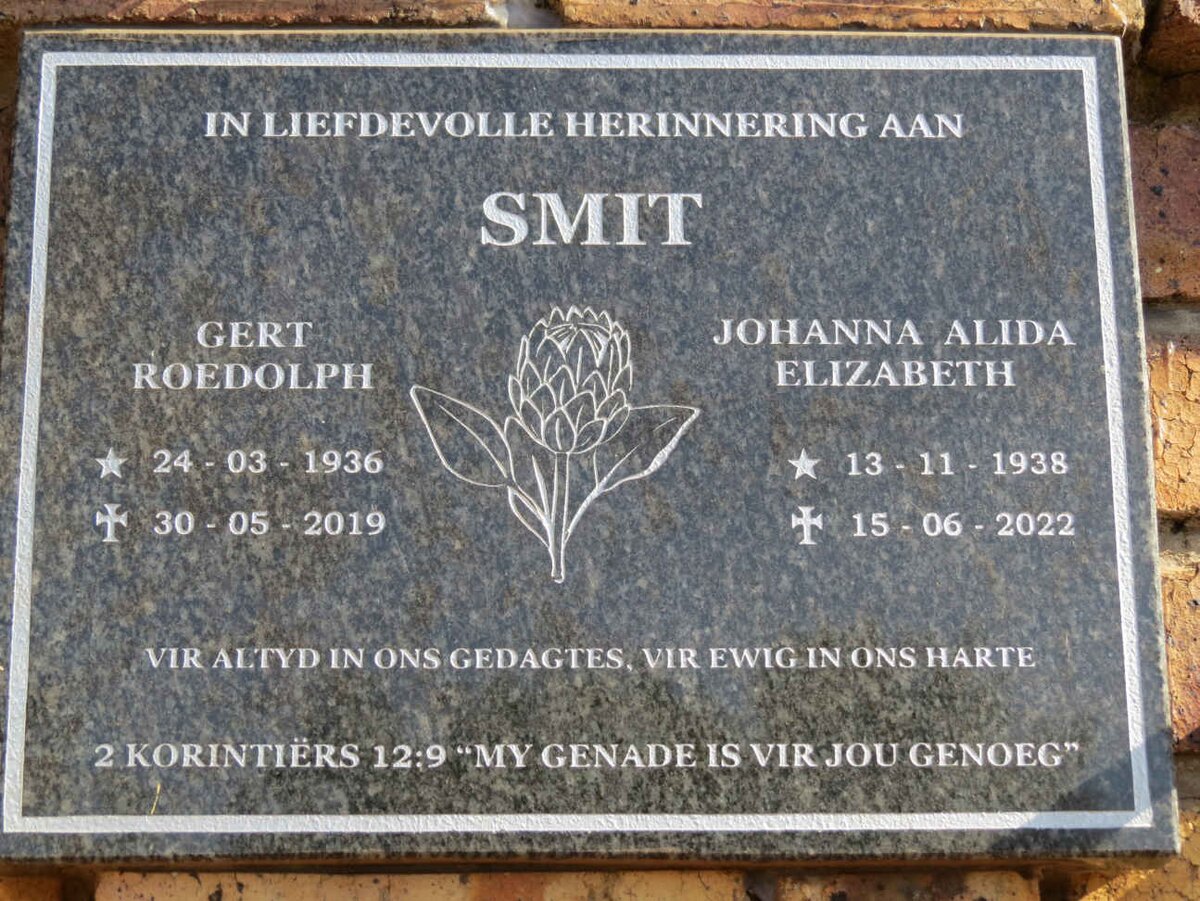 SMIT Gert Roedolph 1936-2019 &amp; Johanna Alida Elizabeth 1938-2022