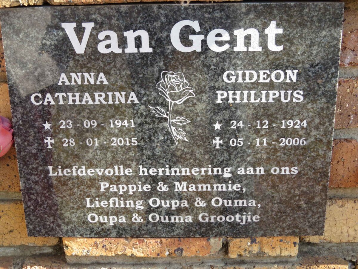 GENT Gideon Philipus, van 1924-2006 &amp; Anna Catharina 1941-2015