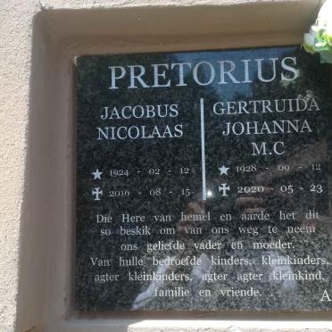 PRETORIUS Jacobus Nicolaas 1924-2016 &amp; Gertruida Johanna M.C. 1928-2020