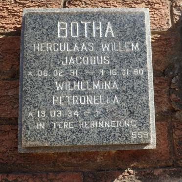 BOTHA Herculaas Willem Jacobus 1931-1990 &amp; Wilhelmina Petronella 1934-