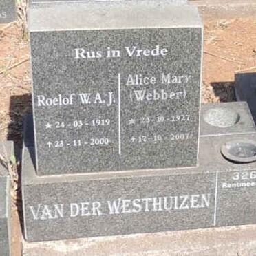 WESTHUIZEN Roelof W.A.J., van der 1919-2000 & Alice Mary WEBBER 1927-2007