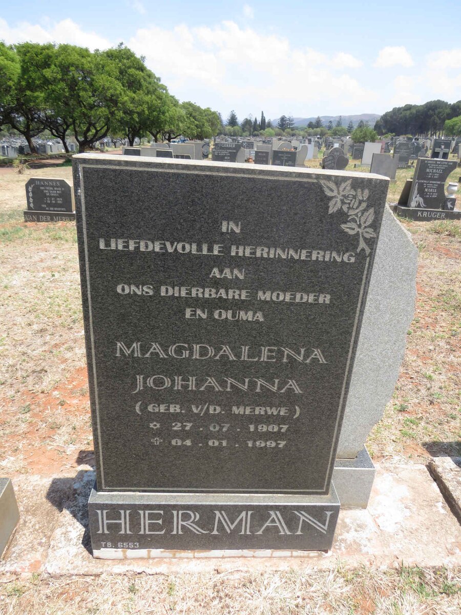 HERMAN Magdalena Johanna nee V.D. MERWE 1907-1997