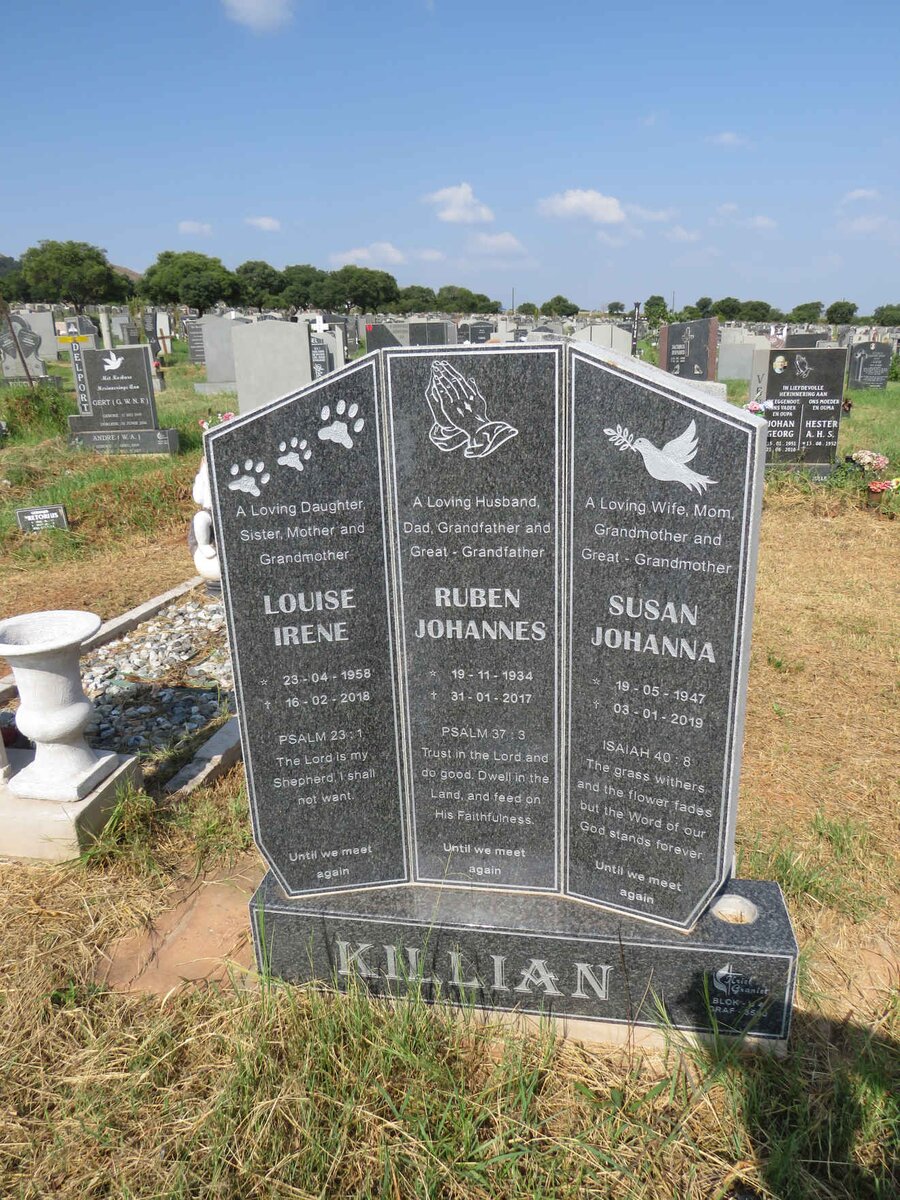 KILLIAN Ruben Johannes 1934-2017 & Susan Johanna 1947-2019 :: KILLIAN Louise Irene 1958-2018 