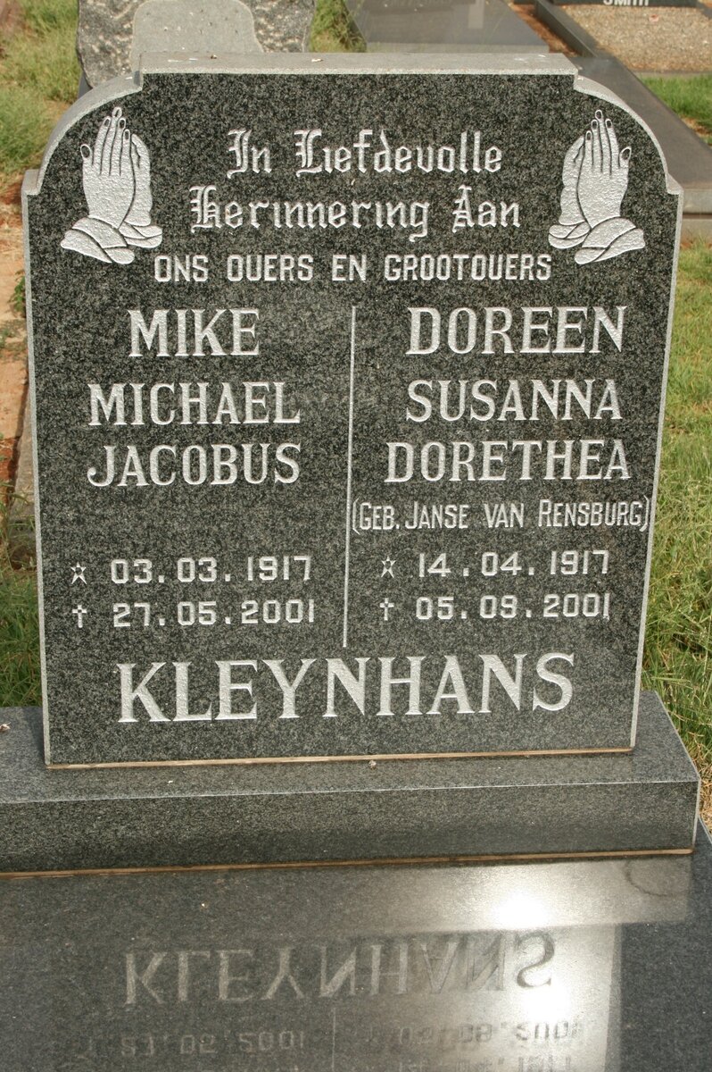KLEYNHANS Michael Jacobus 1917-2001 &amp; Susanna Dorethea JANSE VAN RENSBURG 1917-2001