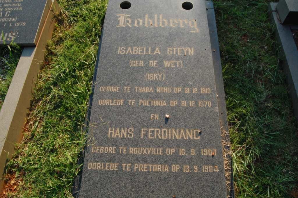 KOHLBERG Hans Ferdinand 1907-1984 &amp; Isabella Steyn DE WET 1913-1978