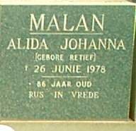 MALAN Alida Johanna nee RETIEF 1892-1978