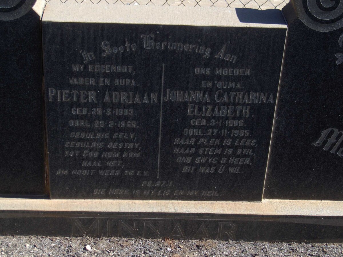 MINNAAR  Pieter Adriaan 1903-1965 &amp; Johanna Catharina Elizabeth 1906-1965
