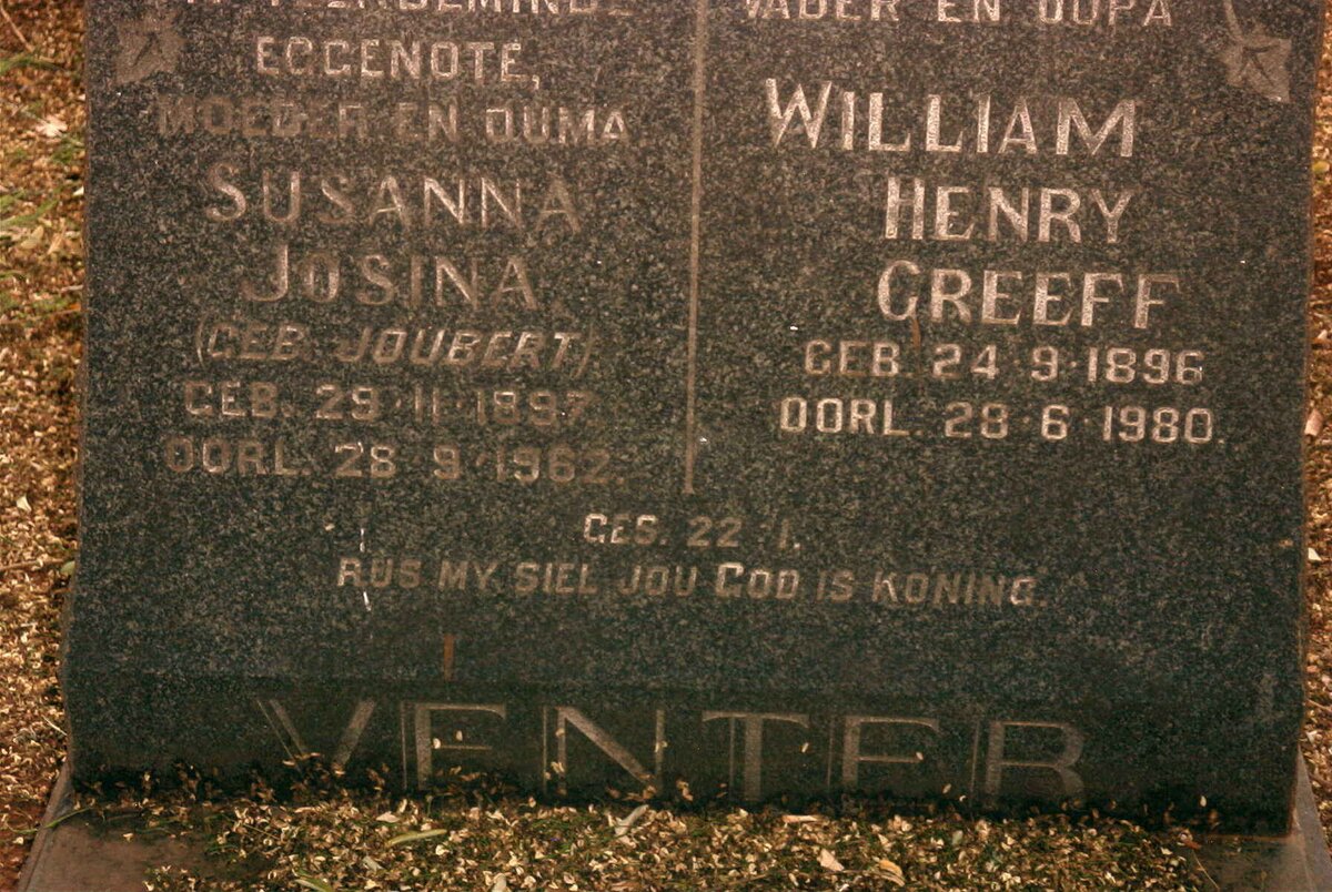 VENTER William Henry Greeff 1896-1980 &amp; Susanna Josina JOUBERT 1897-1962