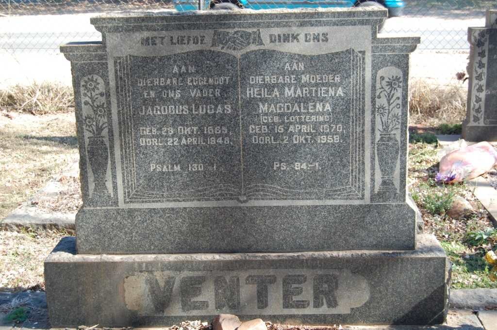 VENTER Jacobus Lucas 1865-1948 &amp; Heila Martiena Magdalena LOTTERING 1870-1958