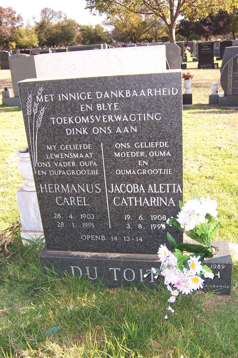 TOIT Hermanus Carel, du 1903-1991 &amp; Jacoba Aletta Catharina 1908-199?