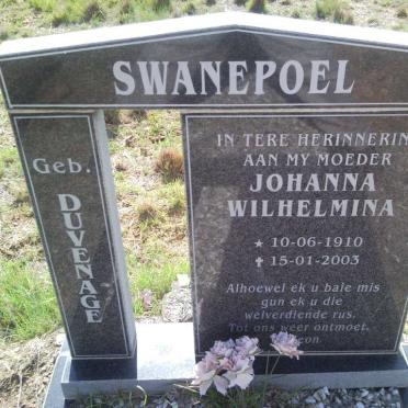 SWANEPOEL Johanna Wilhelmina nee DUVENAGE 1910-2003