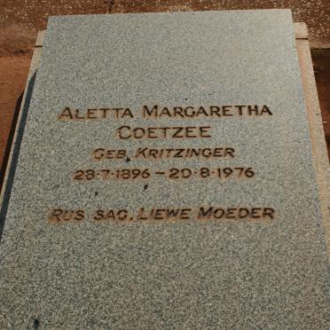 COETZEE Aletta Margaretha nee KRITZINGER 1896-1976