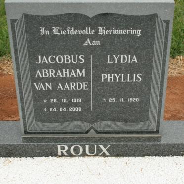 ROUX Jacobus Abraham Van Aarde 1919-2006 &amp; Lydia Phyllis 1920-