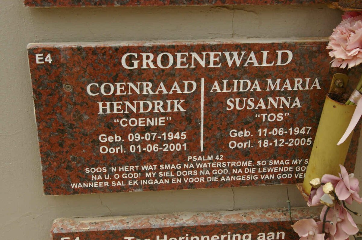 GROENEWALD Coenraad Hendrik 1945-2001 &amp; Alida Maria Susanna 1947-2005