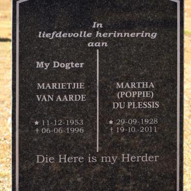 PLESSIS Martha, du 1928-2011:: VAN AARDE Marietjie 1953-1996