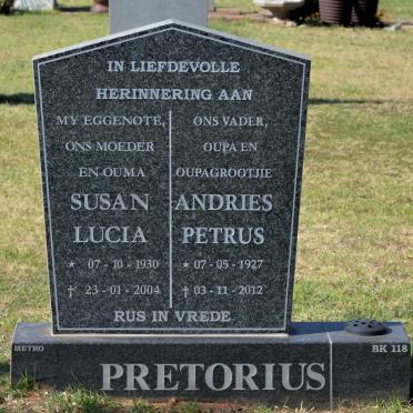 PRETORIUS Andries Petrus 1927-2012 &amp; Susan Lucia 1930-2004