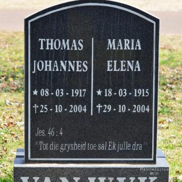 WYK Thomas Johannes, van 1917-2004 &amp; Maria Elena 1915-2994