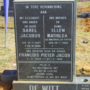 WITT Sarel Jacobus, de 1923-1995 &amp; Ellen Mathilda VAN NIKKELEN-KUYPER 1926- :: DE WITT Francois Pieter Jacob 1949-1996