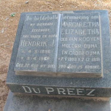 PREEZ Hendrik J., du 1896-1965 &amp; Margaretha Elizabetha VAN ROOYEN 1909-1981