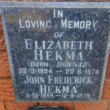 HEKMA John Frederick 1898-1979 &amp; Elizabeth BONNAR 1894-1974