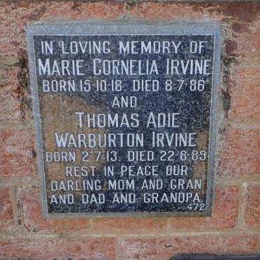 IRVINE Thomas Adie Warburton 1913-1989 &amp; Marie Cornelia 1918-1986
