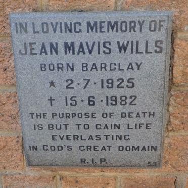 WILLS Jean Mavis nee BARCLAY 1925-1982