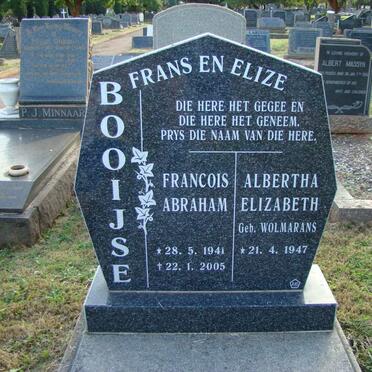 BOOIJSE Francois Abraham 1941-2005 &amp; Albertha Elizabeth WOLMARANS 1947-