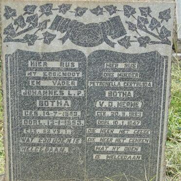 BOTHA Johannes L.P. 1883-1953 & Petronella Gertruida V.D. MERWE 1883-1947