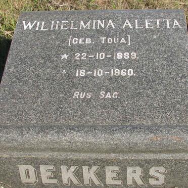 DEKKERS Wilhelmina Aletta nee TOUA 1889-1960