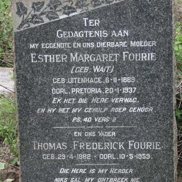 FOURIE Thomas Frederick 1882-1959 & Esther Margaret WAIT 1889-1937