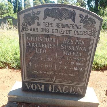 HAGEN Christoph Adelbert Leo, vom 1892-1972 &amp; Hester Susanna Maria PAPENFUS 1904-1993