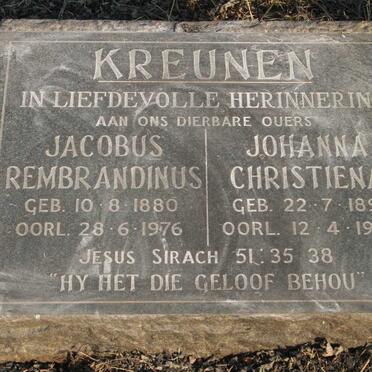 KREUNEN Jacobus Rembrandinus 1880-1976 & Johanna Christiena 1891-1960