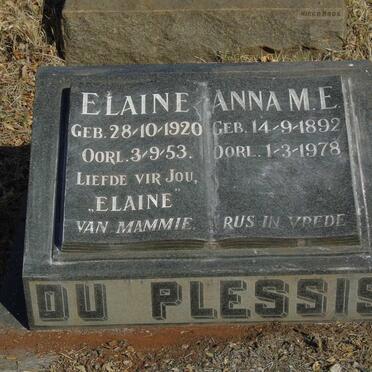 PLESSIS Anna M.E., du 1892-1978 :: DU PLESSIS Elaine 1920-1953 
