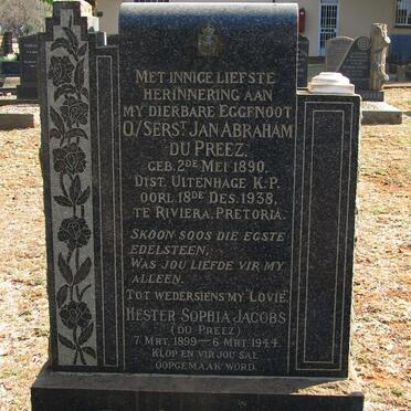 PREEZ Jan Abraham, du 1890-1938 &amp; Hester Sophia JACOBS formerly DU PREEZ 1899-1944