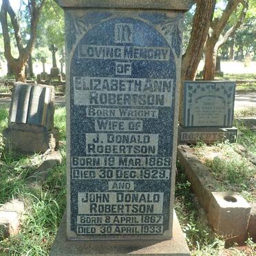 ROBERTSON John Donald 1867-1933 &amp; Elizabeth Ann WRIGHT 1869-1929