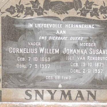 SNYMAN Cornelius Willem 1869-1957 & Johanna Susanna VAN RENSBURG 1879-1957